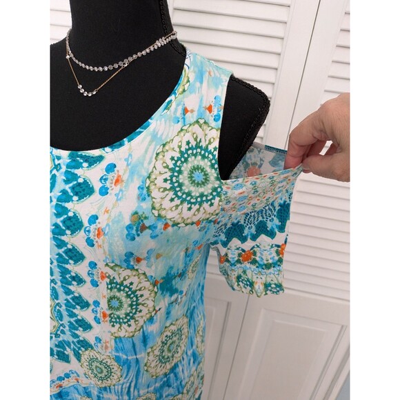 Chico's Top Women M/1 Geo Lagoon Cold Shoulder Tunic Aqua Blue Abstract Stretch - Picture 4 of 12